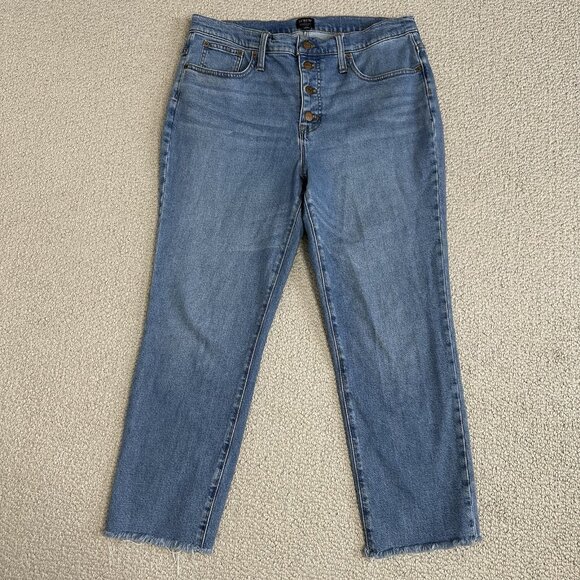 J Crew Essential Straight Jean Size 32 Blue Raw Hem Button Fly Stretch - Picture 1 of 8